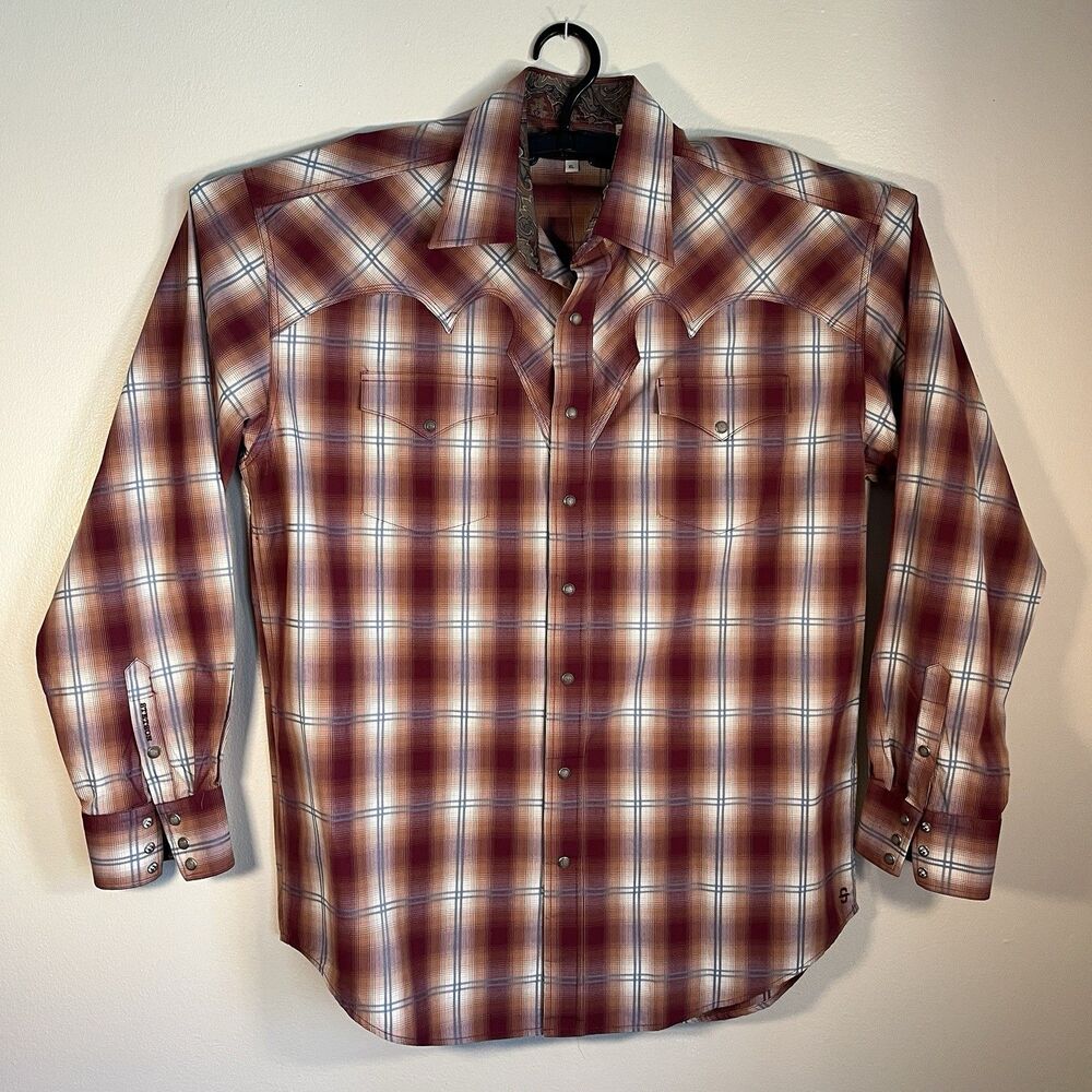 Stetson Shirt Mens Large 0478 Red Blue Beige Plaid Western Shirt Snaps NEW